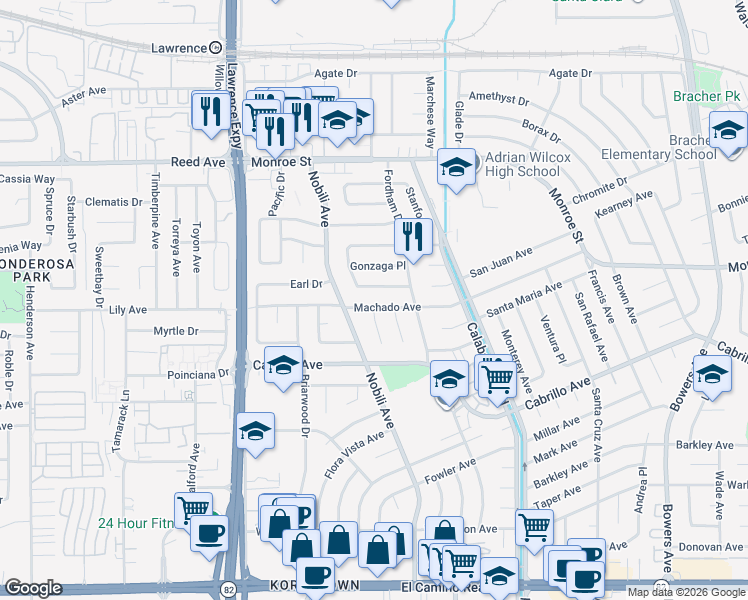 map of restaurants, bars, coffee shops, grocery stores, and more near 3409 Machado Avenue in Santa Clara