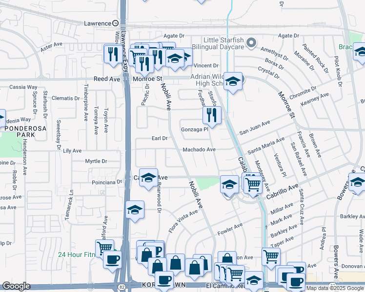 map of restaurants, bars, coffee shops, grocery stores, and more near 3409 Machado Avenue in Santa Clara