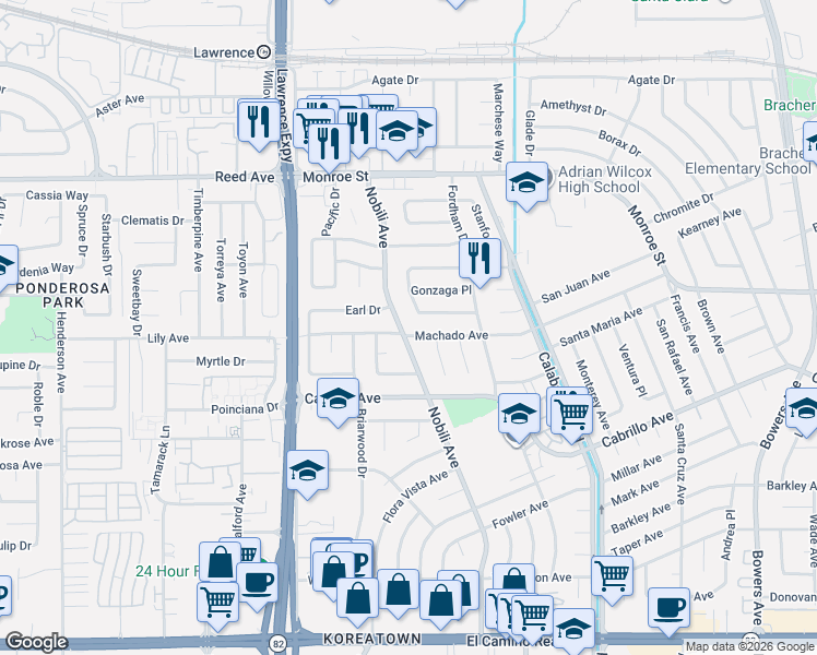 map of restaurants, bars, coffee shops, grocery stores, and more near 2164 Nobili Avenue in Santa Clara