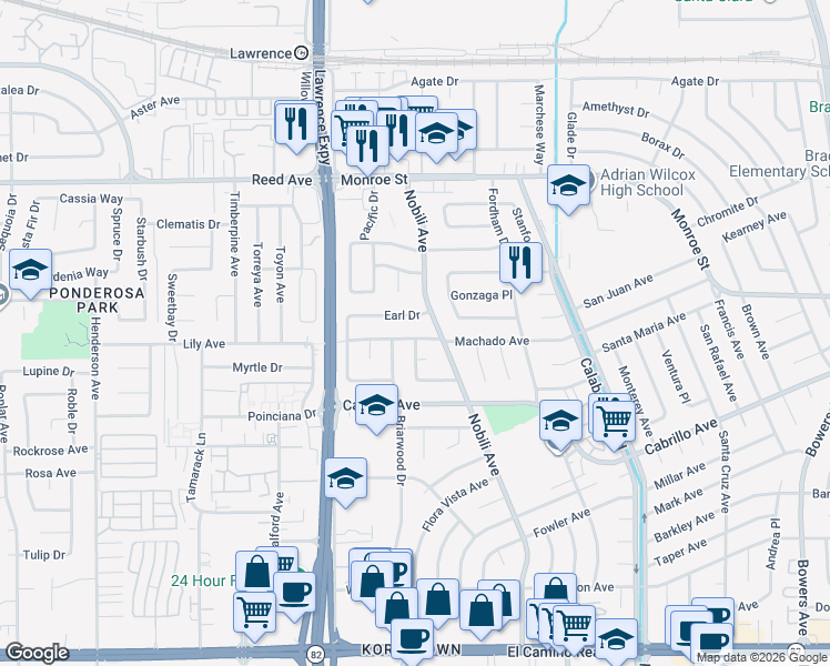 map of restaurants, bars, coffee shops, grocery stores, and more near 2164 Nobili Avenue in Santa Clara