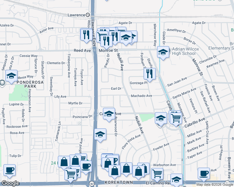map of restaurants, bars, coffee shops, grocery stores, and more near 3493 Machado Avenue in Santa Clara