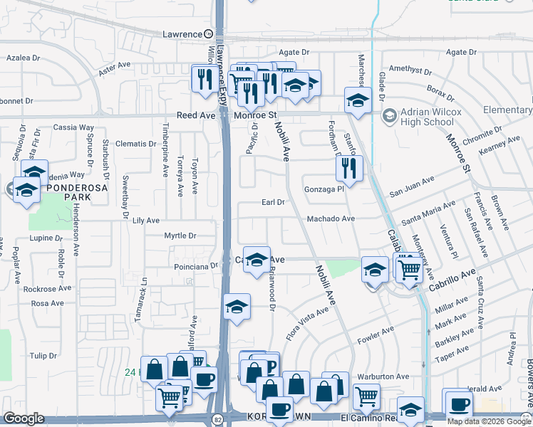 map of restaurants, bars, coffee shops, grocery stores, and more near 3493 Machado Avenue in Santa Clara