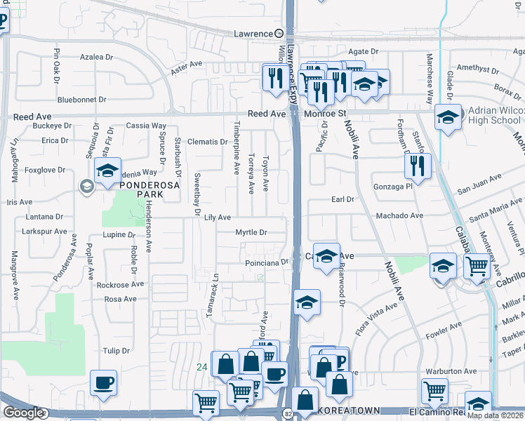 map of restaurants, bars, coffee shops, grocery stores, and more near 751 Toyon Avenue in Sunnyvale