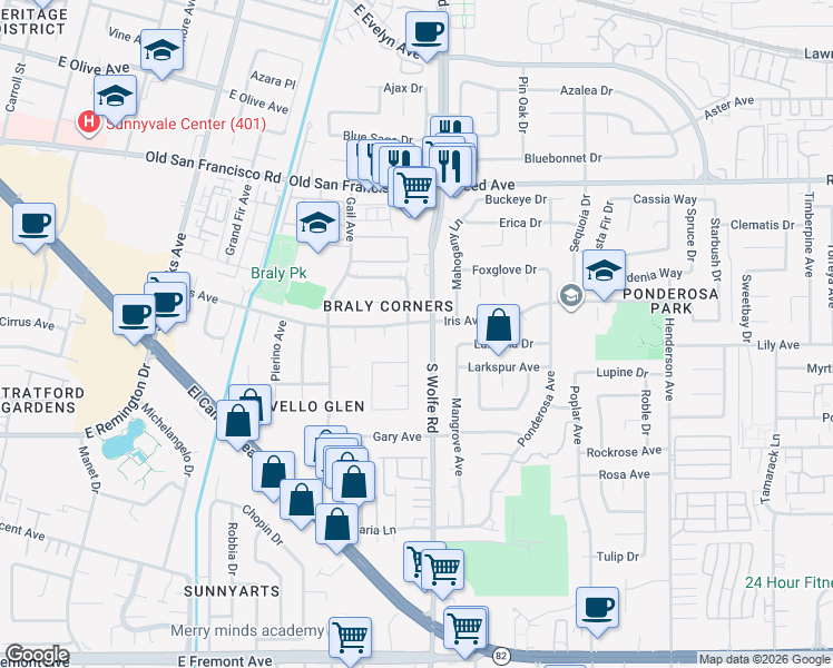 map of restaurants, bars, coffee shops, grocery stores, and more near 813 South Wolfe Road in Sunnyvale