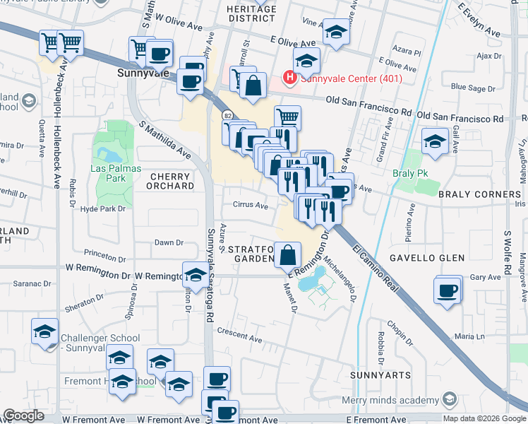 map of restaurants, bars, coffee shops, grocery stores, and more near 401 Cumulus Avenue in Sunnyvale