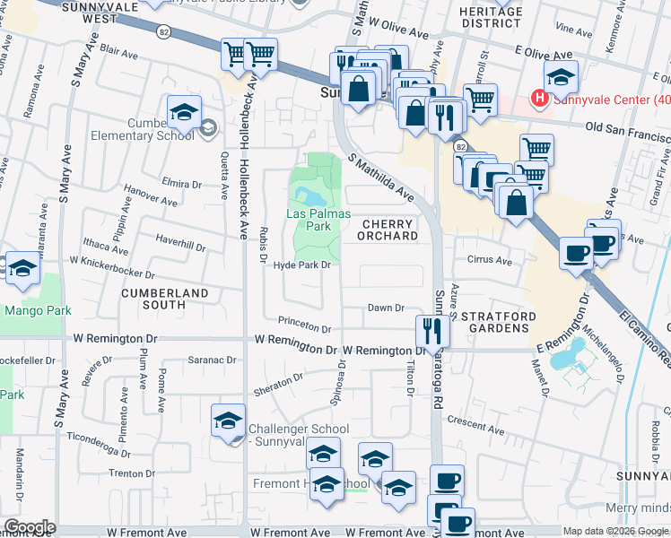 map of restaurants, bars, coffee shops, grocery stores, and more near 879 Spinosa Drive in Sunnyvale
