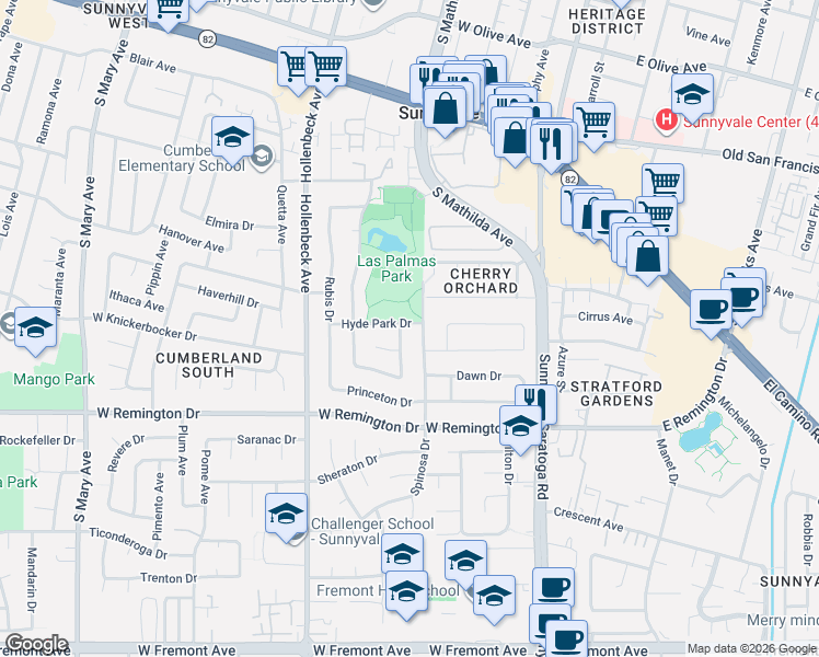 map of restaurants, bars, coffee shops, grocery stores, and more near 879 Spinosa Drive in Sunnyvale