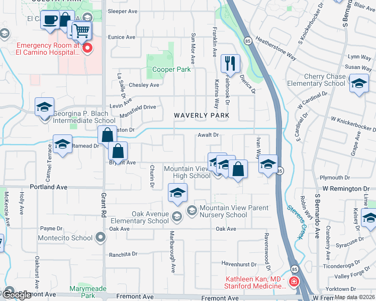 map of restaurants, bars, coffee shops, grocery stores, and more near 3375 Villa Robleda Drive in Mountain View
