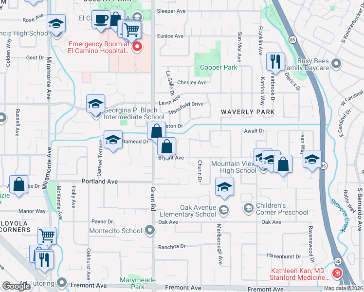 map of restaurants, bars, coffee shops, grocery stores, and more near 277 Apricot Lane in Mountain View