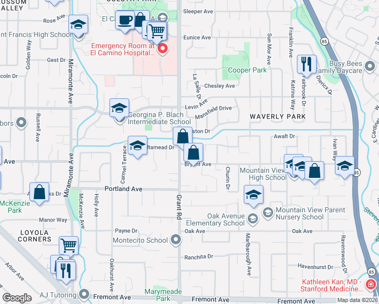 map of restaurants, bars, coffee shops, grocery stores, and more near 3367 Grant Road in Mountain View