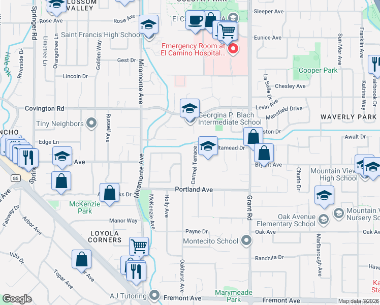 map of restaurants, bars, coffee shops, grocery stores, and more near 1101 Buckingham Drive in Los Altos