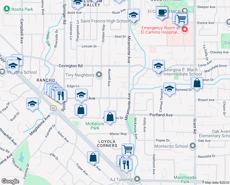 map of restaurants, bars, coffee shops, grocery stores, and more near 1169 Russell Avenue in Los Altos