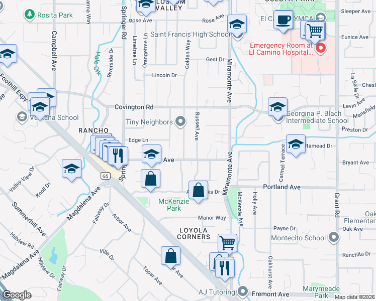map of restaurants, bars, coffee shops, grocery stores, and more near 1178 Golden Way in Los Altos