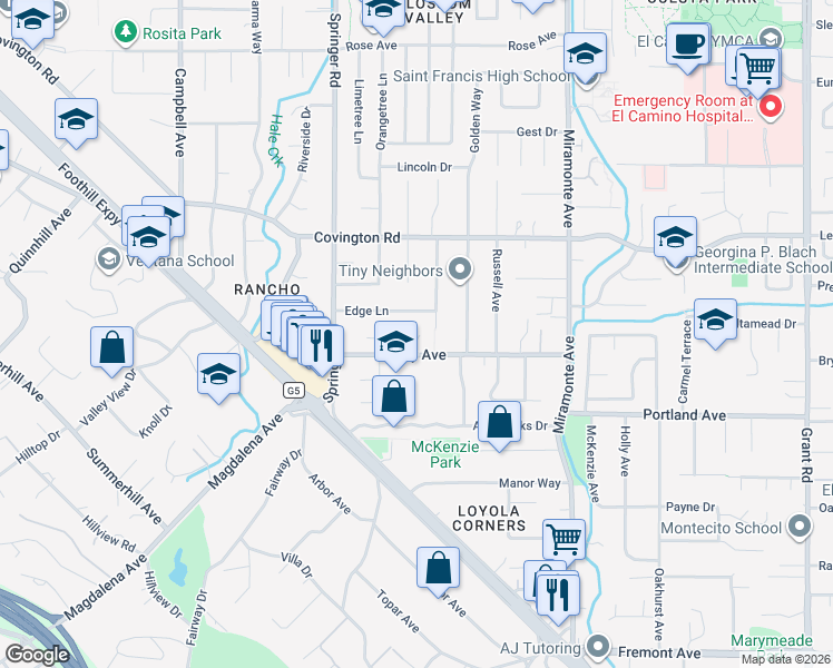 map of restaurants, bars, coffee shops, grocery stores, and more near 1160 Seena Avenue in Los Altos