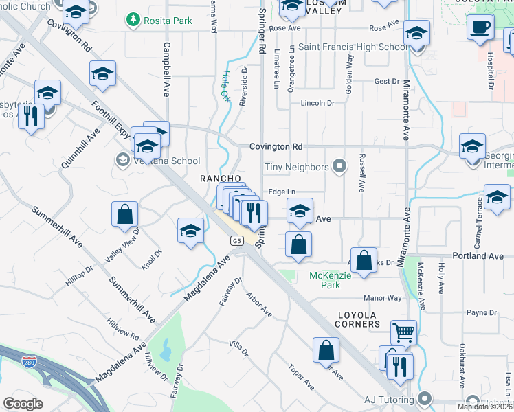 map of restaurants, bars, coffee shops, grocery stores, and more near 675 Berry Avenue in Los Altos