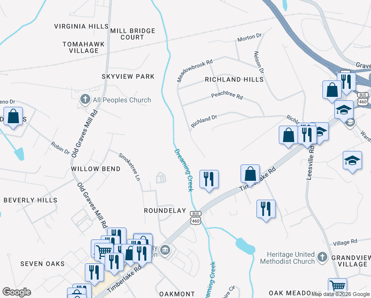 map of restaurants, bars, coffee shops, grocery stores, and more near 7420 Richland Drive in Lynchburg