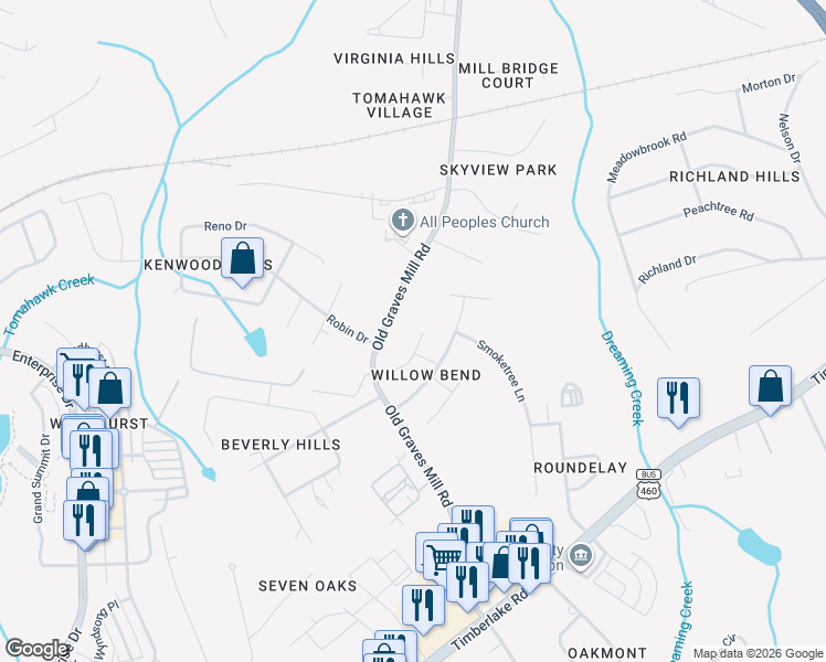 map of restaurants, bars, coffee shops, grocery stores, and more near 608 Old Graves Mill Road in Lynchburg