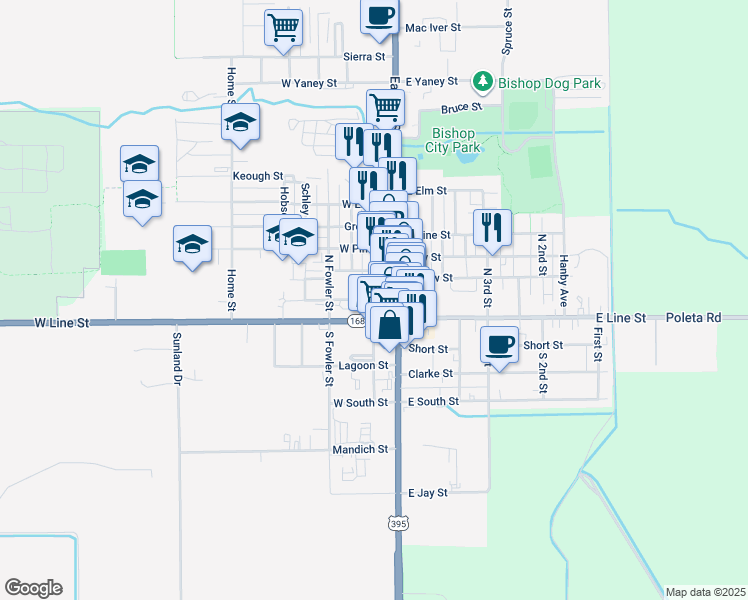 map of restaurants, bars, coffee shops, grocery stores, and more near Church Street in Bishop