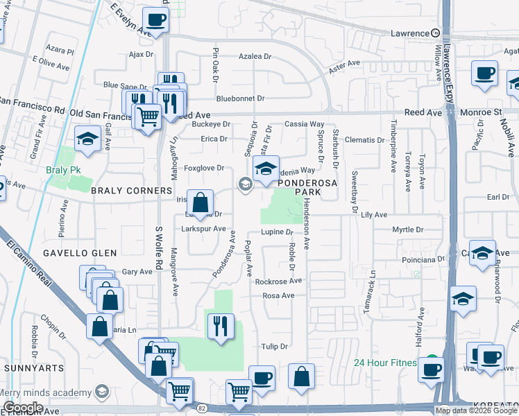map of restaurants, bars, coffee shops, grocery stores, and more near 804 Ponderosa Avenue in Sunnyvale