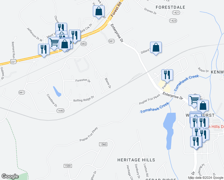 map of restaurants, bars, coffee shops, grocery stores, and more near 1204 Blane Drive in Lynchburg