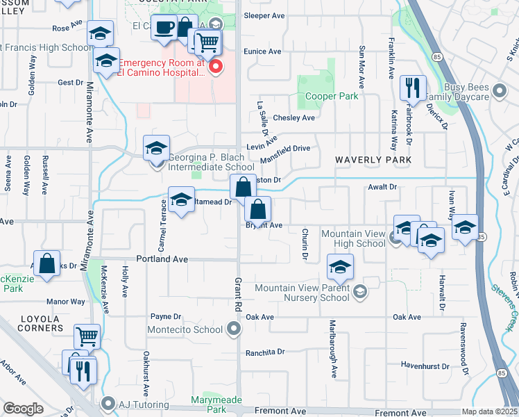 map of restaurants, bars, coffee shops, grocery stores, and more near 3363 Grant Road in Mountain View