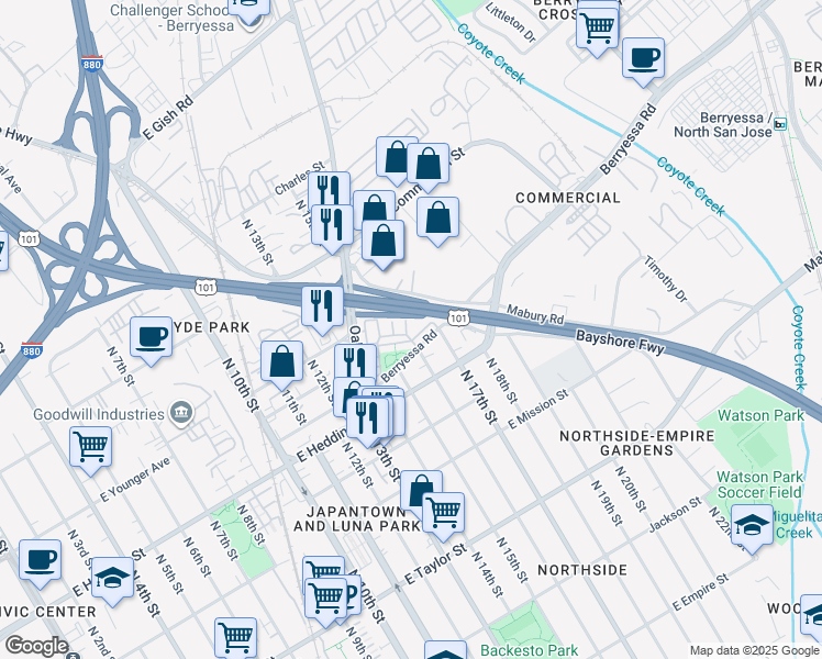 map of restaurants, bars, coffee shops, grocery stores, and more near 843 Berryessa Road in San Jose