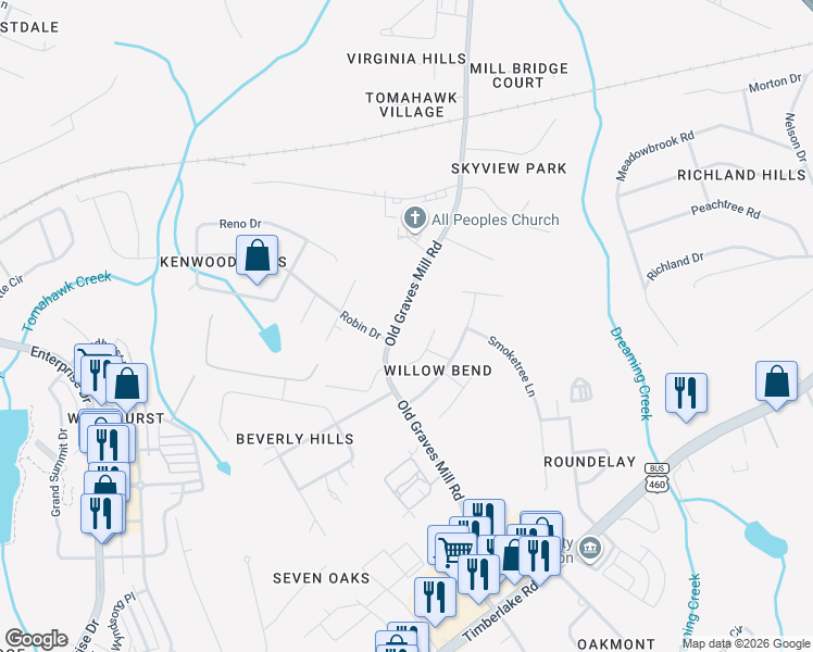 map of restaurants, bars, coffee shops, grocery stores, and more near 608 Old Graves Mill Road in Lynchburg