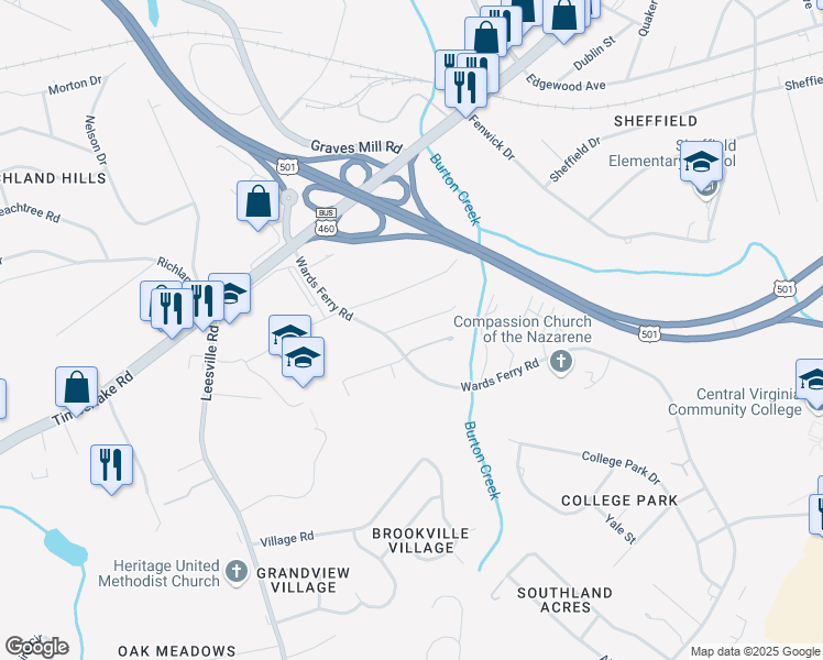 map of restaurants, bars, coffee shops, grocery stores, and more near 106 Water Gate Drive in Lynchburg