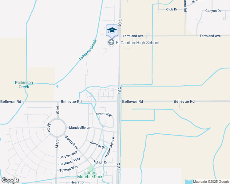 map of restaurants, bars, coffee shops, grocery stores, and more near 5047 Palisade Avenue in Merced
