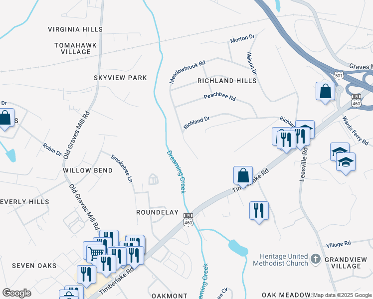 map of restaurants, bars, coffee shops, grocery stores, and more near 7212 Richland Drive in Lynchburg