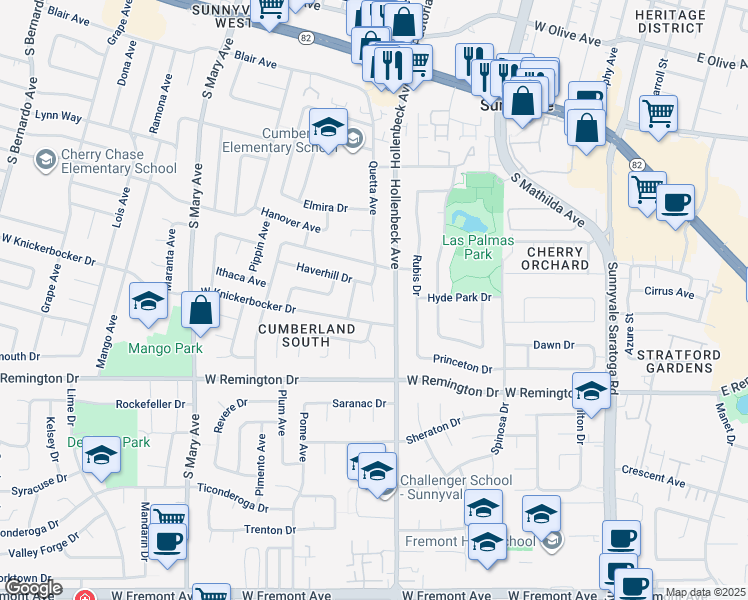 map of restaurants, bars, coffee shops, grocery stores, and more near 889 Quetta Court in Sunnyvale