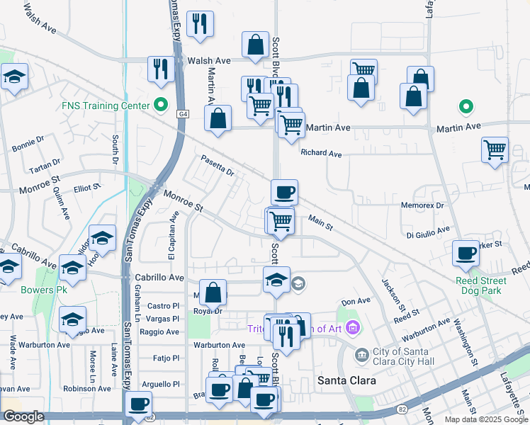 map of restaurants, bars, coffee shops, grocery stores, and more near 2112 Apperson Place in Santa Clara