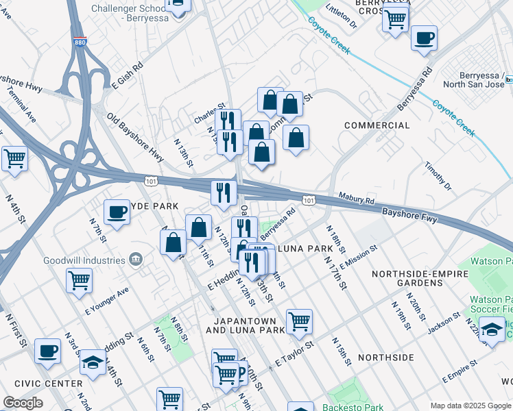 map of restaurants, bars, coffee shops, grocery stores, and more near 757 Modern Ice Drive in San Jose