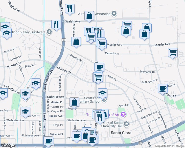 map of restaurants, bars, coffee shops, grocery stores, and more near 2112 Apperson Place in Santa Clara