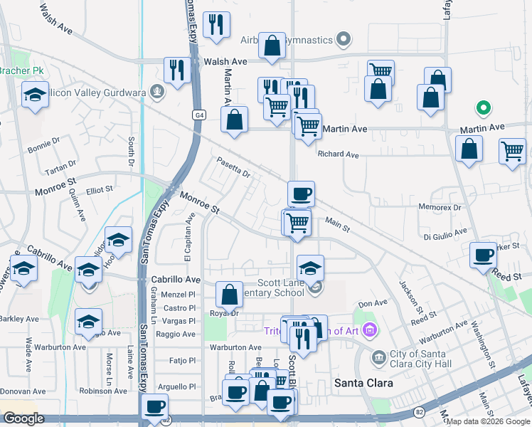 map of restaurants, bars, coffee shops, grocery stores, and more near 2112 Apperson Place in Santa Clara