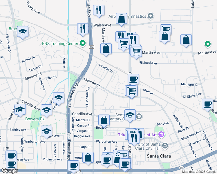 map of restaurants, bars, coffee shops, grocery stores, and more near 2211 Monroe Street in Santa Clara