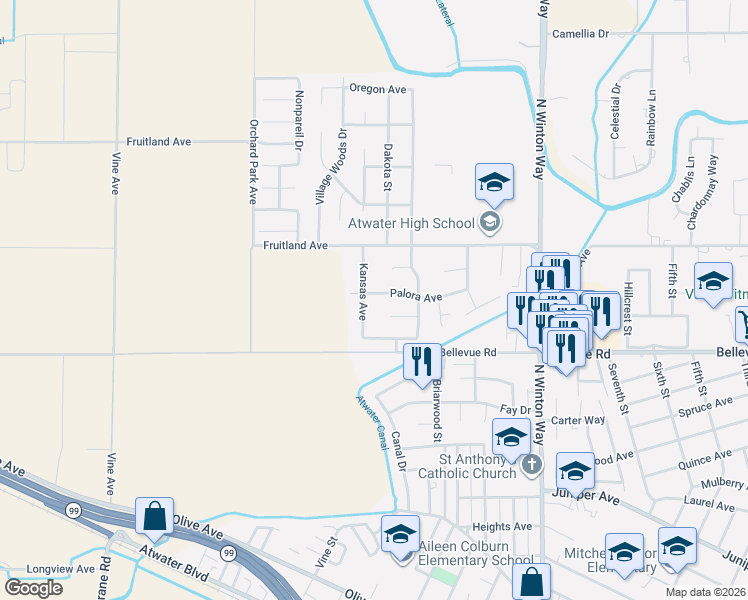 map of restaurants, bars, coffee shops, grocery stores, and more near 2480 Palora Avenue in Atwater