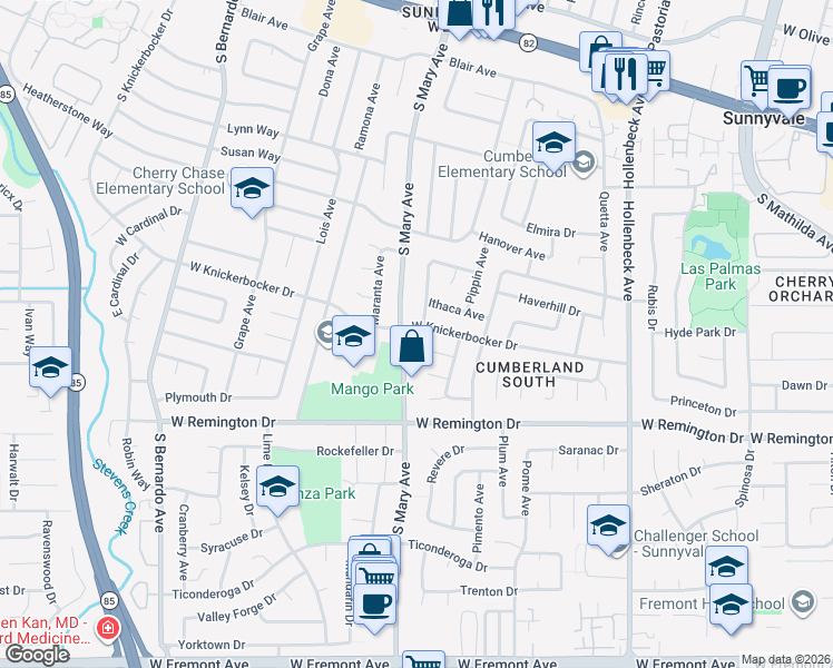 map of restaurants, bars, coffee shops, grocery stores, and more near 892 West Knickerbocker Drive in Sunnyvale