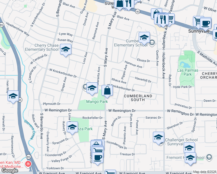 map of restaurants, bars, coffee shops, grocery stores, and more near 892 West Knickerbocker Drive in Sunnyvale
