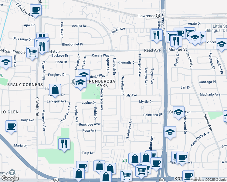 map of restaurants, bars, coffee shops, grocery stores, and more near 1059 Lily Avenue in Sunnyvale