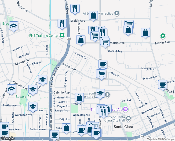 map of restaurants, bars, coffee shops, grocery stores, and more near 2201 Monroe Street in Santa Clara