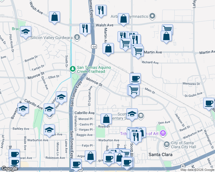 map of restaurants, bars, coffee shops, grocery stores, and more near 2206 Deborah Drive in Santa Clara