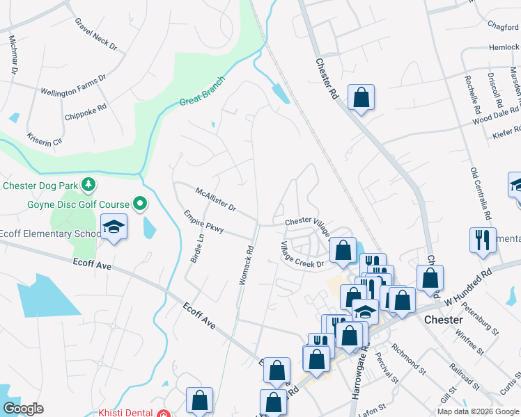 map of restaurants, bars, coffee shops, grocery stores, and more near 11400 Chester Garden Loop in Chester