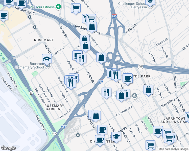 map of restaurants, bars, coffee shops, grocery stores, and more near 1302 North 4th Street in San Jose