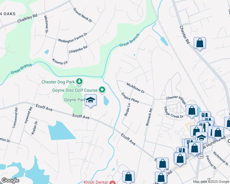 map of restaurants, bars, coffee shops, grocery stores, and more near 4931 Empire Pkwy in Chester