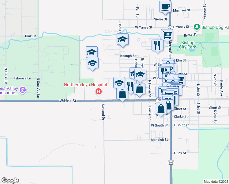 map of restaurants, bars, coffee shops, grocery stores, and more near 201 Home Street in Bishop