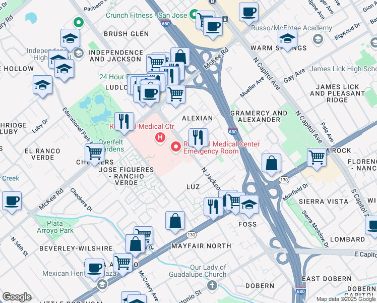 map of restaurants, bars, coffee shops, grocery stores, and more near 175 N Jackson Ave in San Jose