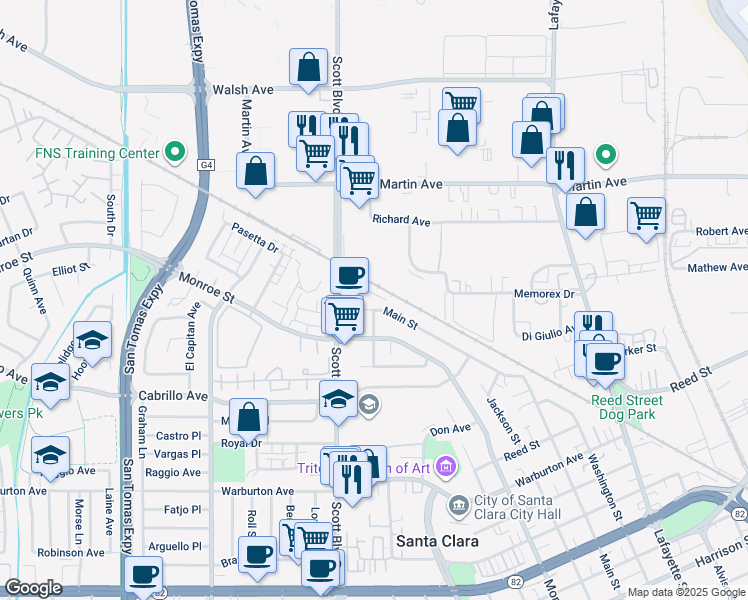 map of restaurants, bars, coffee shops, grocery stores, and more near 2138 Main Street in Santa Clara
