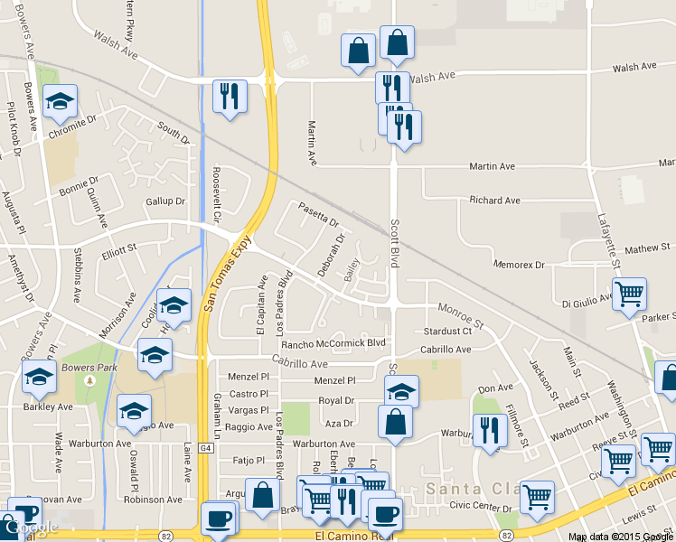 map of restaurants, bars, coffee shops, grocery stores, and more near 2211 Monroe Street in Santa Clara