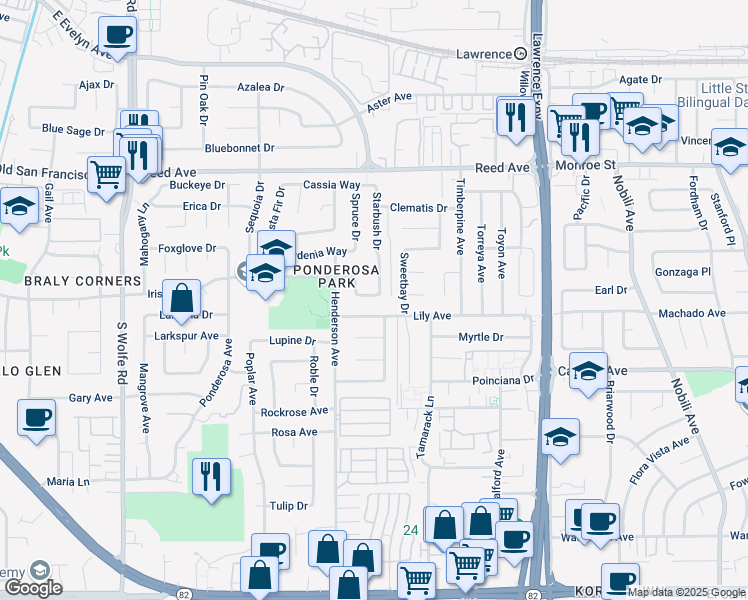 map of restaurants, bars, coffee shops, grocery stores, and more near 1059 Lily Avenue in Sunnyvale